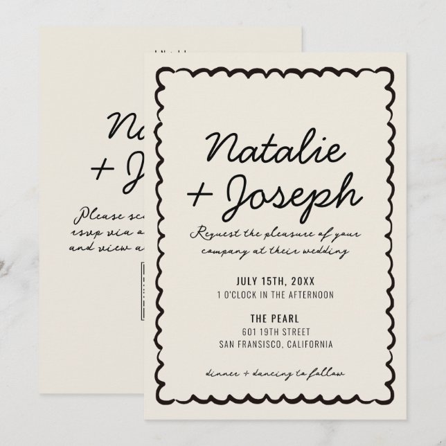Convite Código QR Preto Creme Casamento Moderno Caprichoso (Frente/Verso)