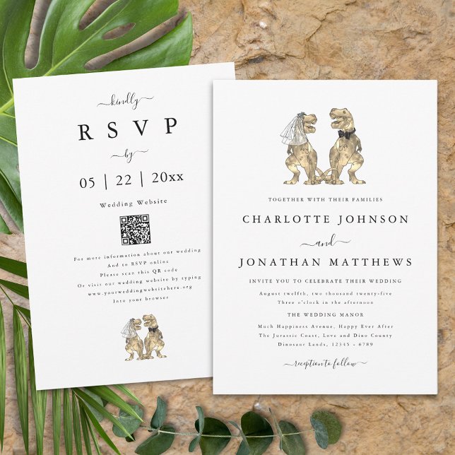 Convite Código QR Preto e Branco do Tema Dinossauro Casado (Dinosaur theme wedding qr code invitation fun T-Rex dino bride and groom modern elegant script)