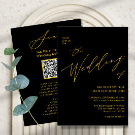 Convite Código QR Preto Elegante Dourado Tudo Em Um Casame