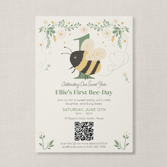Convite Código QR Primeiro Livro de Histórias do Dia da Ab (Wildflower Flight - First Bee Day Invitation with QR Code)