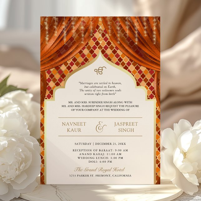 Convite Código QR Quatrefoil Dourado Laranja Casamento Sik (Criador carregado)