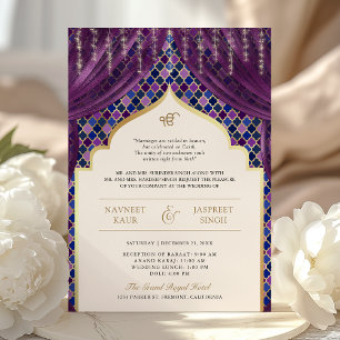 Convite Código QR Quatrefoil Dourado Roxo Casamento Sikh