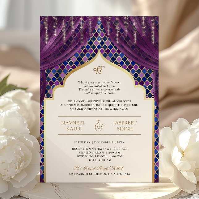 Convite Código QR Quatrefoil Dourado Roxo Casamento Sikh (Criador carregado)