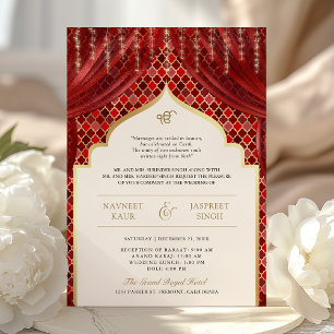 Convite Código QR Quatrefoil Dourado Vermelho Casamento Si