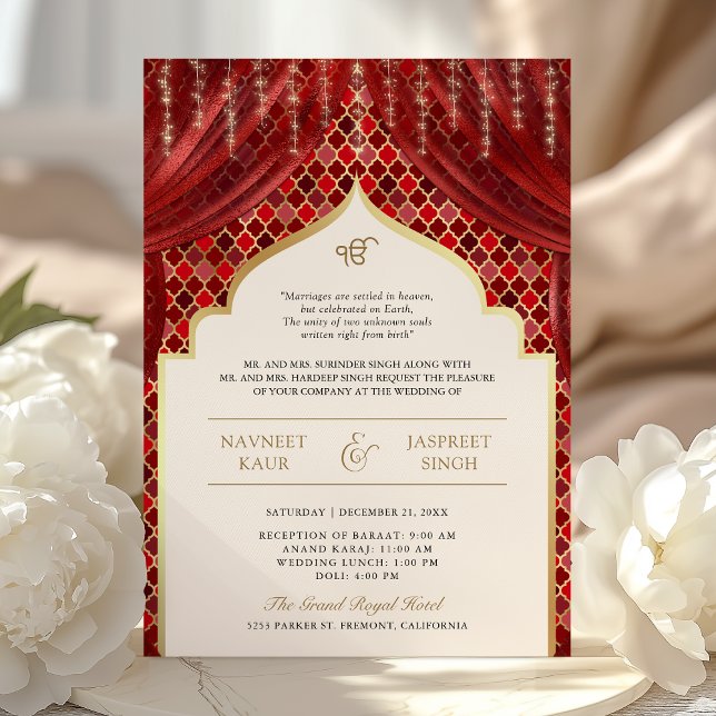 Convite Código QR Quatrefoil Dourado Vermelho Casamento Si (Criador carregado)