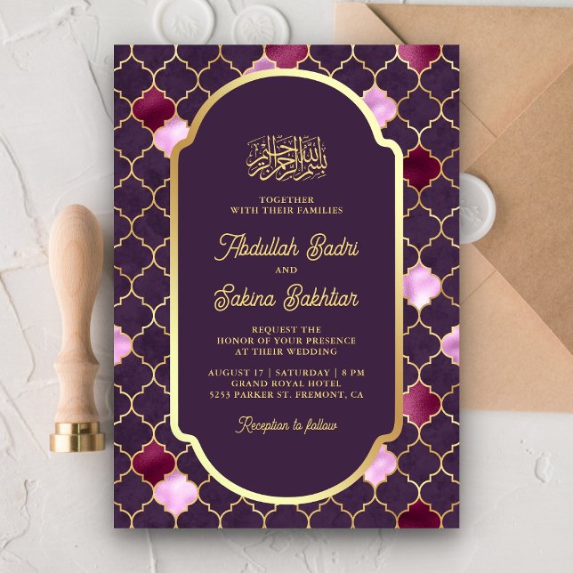 Convite Código QR Quatrefoil Roxo Marroquino Casamento Muç (Criador carregado)