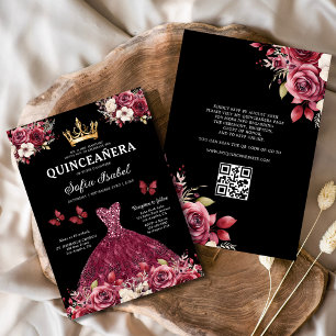 Convite Código QR Quinceanera Floral Burgundy Princesa