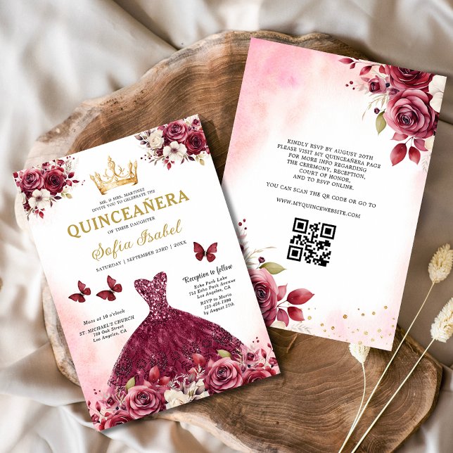 Convite Código QR Quinceanera Floral Burgundy Princesa (Criador carregado)
