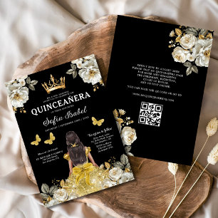 Convite Código QR Quinceanera Floral Dourada Princesa