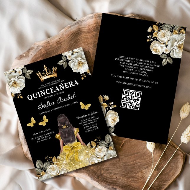 Convite Código QR Quinceanera Floral Dourada Princesa (Criador carregado)