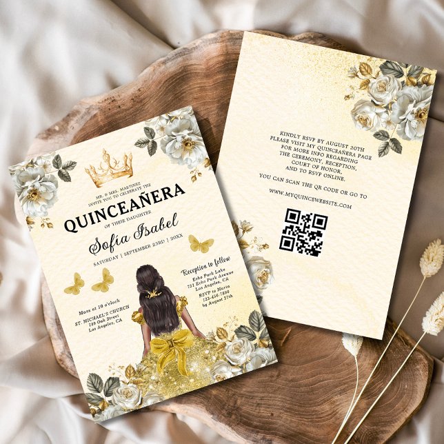 Convite Código QR Quinceanera Floral Dourada Princesa (Criador carregado)