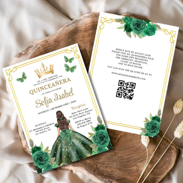 Convite Código QR Quinceanera Floral Emerald Verde Dourado (Criador carregado)