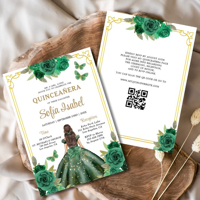 Convite Código QR Quinceanera Floral Emerald Verde Dourado (Criador carregado)