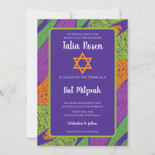 Convite Código QR Retro Bat Mitzvah Roxo e Verde 