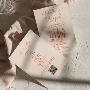 Convite Código QR Retro Casamento Colorido Brilhante Retra