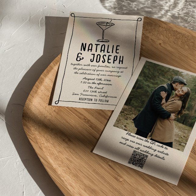 Convite Código QR Retro Mão Desenhada Foto Escrita Casamen (Criador carregado)
