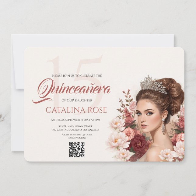 Convite Código QR Rosa com Rubor Elegante para Quinceañera (Frente)