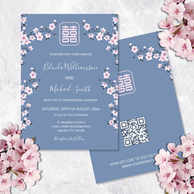 Convite Código QR Rosa Empoeirado Flor Azul | Casamento Ch (Criador carregado)