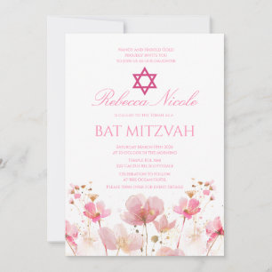 Convite Código QR Rosa Floral Aquarela Bat Mitzvah