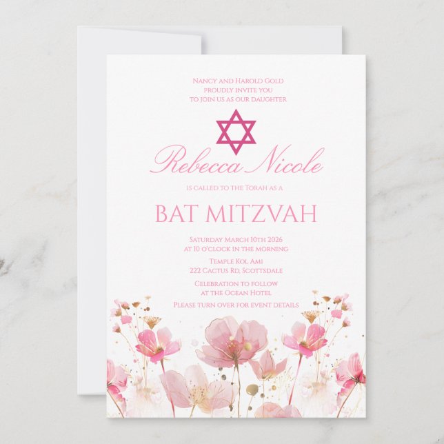 Convite Código QR Rosa Floral Aquarela Bat Mitzvah  (Frente)