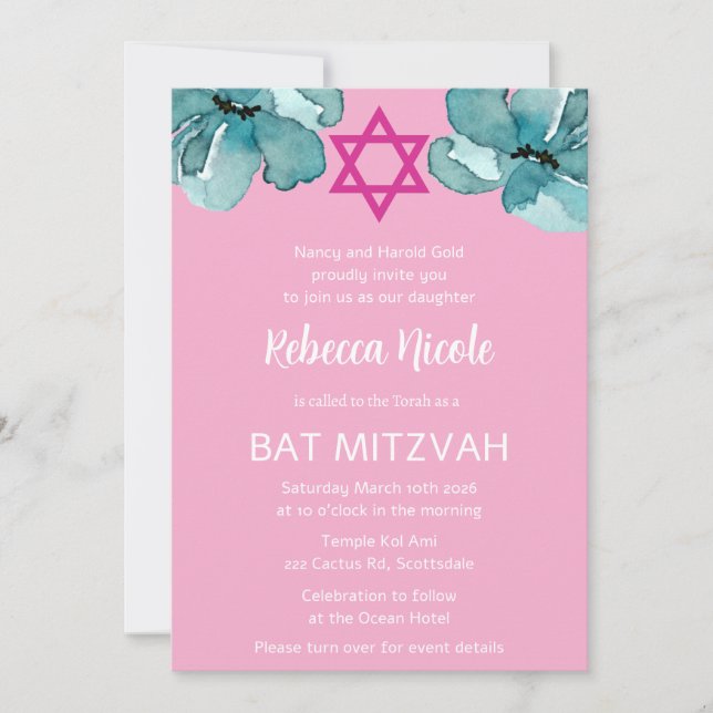 Convite Código QR Rosa Floral Aquarela Bat Mitzvah (Frente)