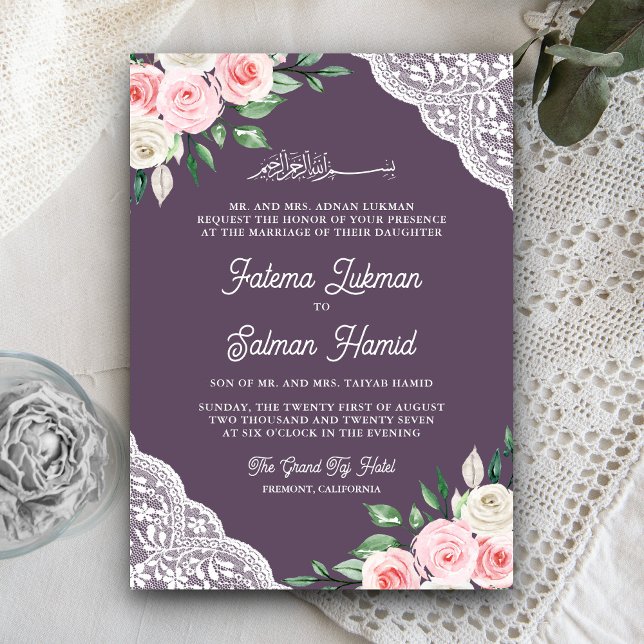 Convite Código QR Roxo com Renda Floral Rosa Casamento Muç (Criador carregado)