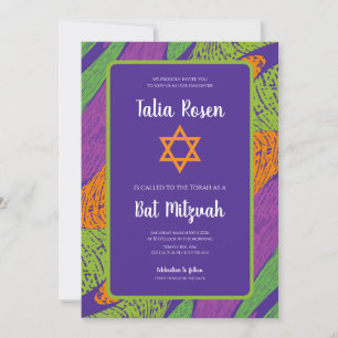 Convite Código QR Roxo e Verde de Bat Mitzvah Retro