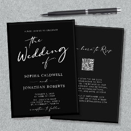 Convite Código QR RSVP Caligrafia Preto e Casamento Branco