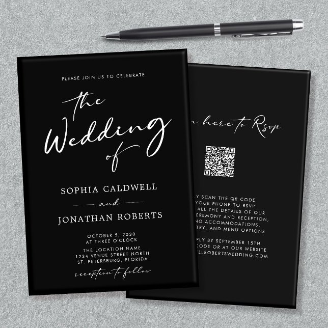 Convite Código QR RSVP Caligrafia Preto e Casamento Branco (QR Code RSVP Modern Calligraphy Black and White Double Sided Wedding Invitation)