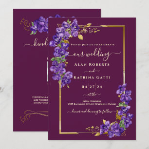 Convite Código QR RSVP Casamento Borgonha Moldura Violeta 
