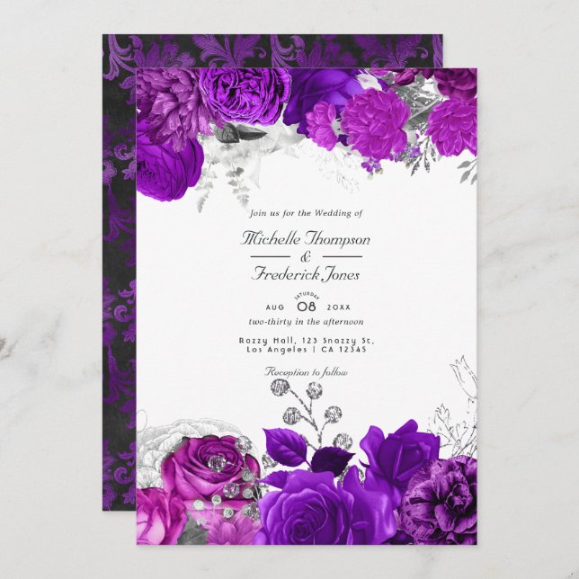 Convite Código QR Rsvp de Casamento Floral Real Roxo e Pra (Frente/Verso)
