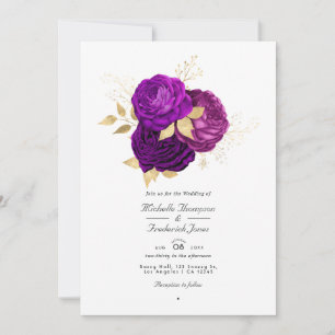 Convite Código QR Rsvp de Casamento Floral Roxo e Dourado