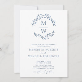 Convite Código QR RSVP Dusty Blue Monograma Wreath Casamen