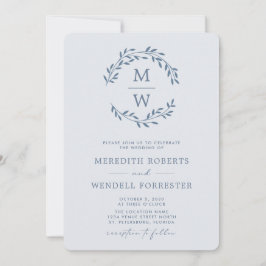 Convite Código QR RSVP Dusty Blue Monograma Wreath Casamen