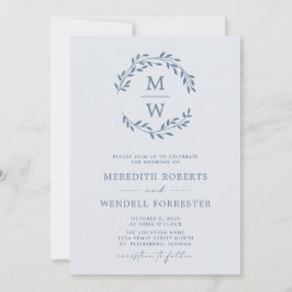Convite Código QR RSVP Dusty Blue Monograma Wreath Casamen