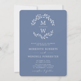 Convite Código QR RSVP Dusty Blue Monograma Wreath Casamen