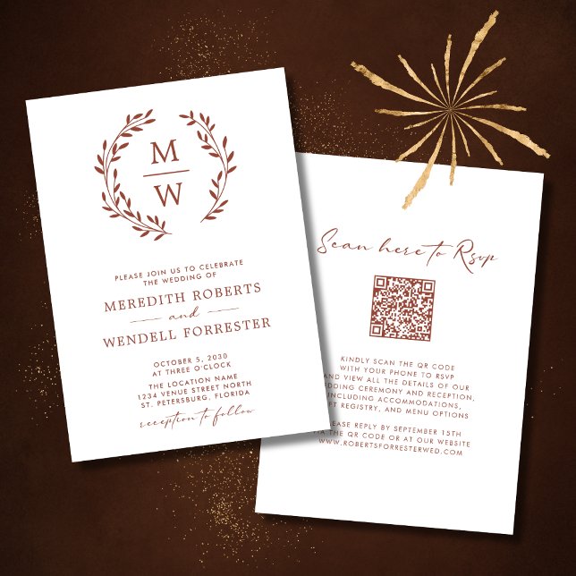 Convite Código QR RSVP Terracotta Monograma Wreath Casamen (Wedding Invitation Terracotta Monogram Wreath QR Code White Background)