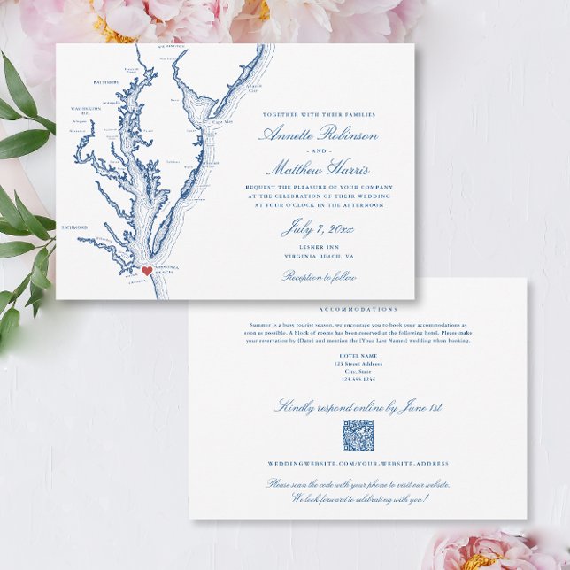 Convite Código QR RSVP Wedding de código QR completo em Vi (Virginia Beach all-in-one QR code Wedding Invitation in elegant navy blue with details on the back)