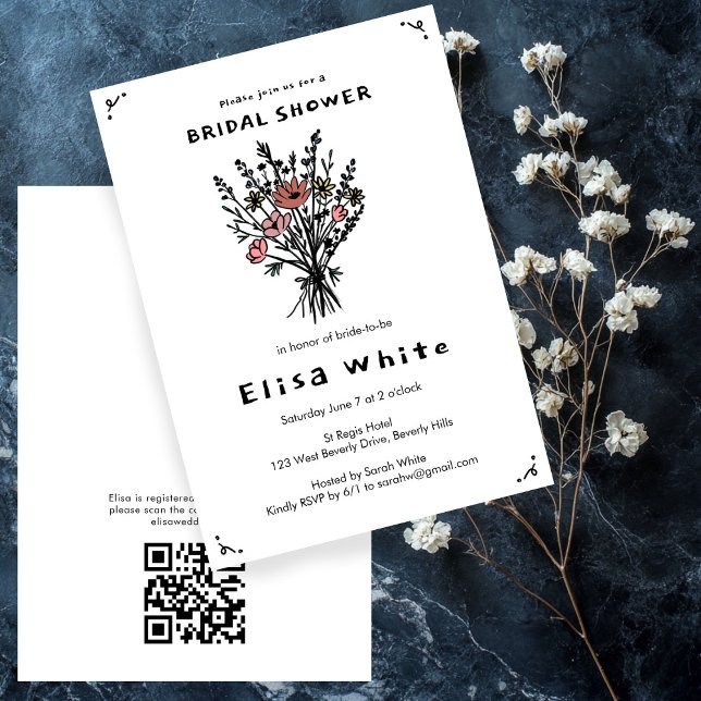 Convite Código QR Russo do Buquê de Flores Selvagens Brida (Wildflower Bouquet Rustic Whimsical QR Code Bridal Invitation
)