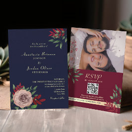 Convite Código QR Rústico Casamento Azul Marinho Borgonha
