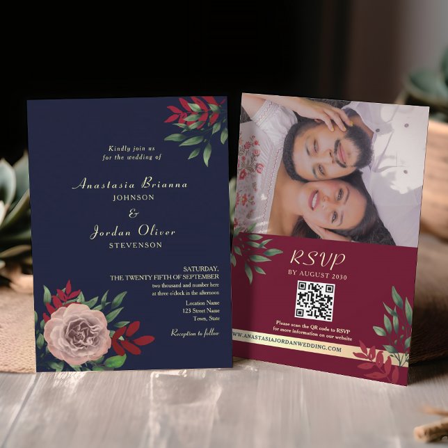 Convite Código QR Rústico Casamento Azul Marinho Borgonha (Criador carregado)