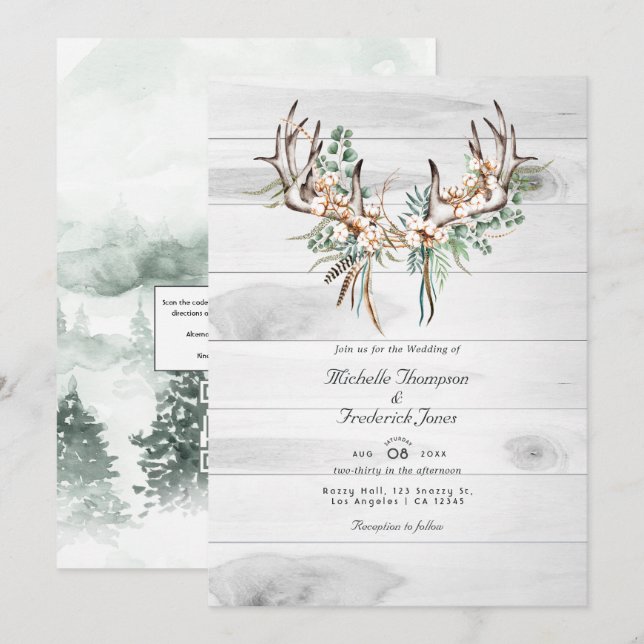 Convite Código QR Rústico RSVP Casamento Boêmio (Frente/Verso)