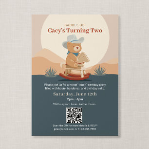 Convite Código QR Saddle Up Teddy Bear Cowboy Aniversário