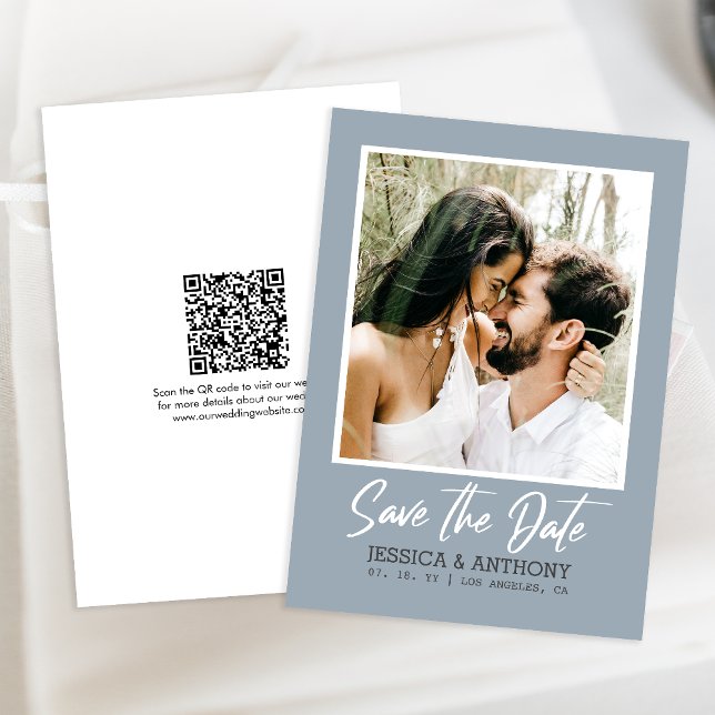 Convite Código QR Salva a Data Casamento de Foto Azul Dust (Save time and reduce wedding planning stress with this QR code Save the Date card.)