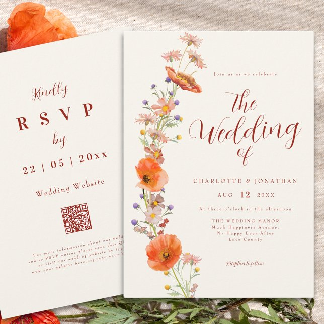 Convite Código QR Simples Boho Wildflower (Simple wildflower fall wedding qr code invitation in earthy tones)