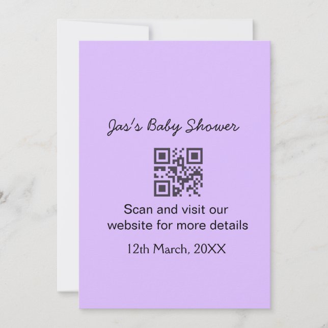 Convite Código QR simples de chá de bebê roxo adicionar no (Frente)