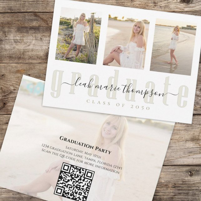Convite Código QR Simples de Script de Caligrafia de Forma (Graduation multi-photo invitation template with a scannable QR Code. )