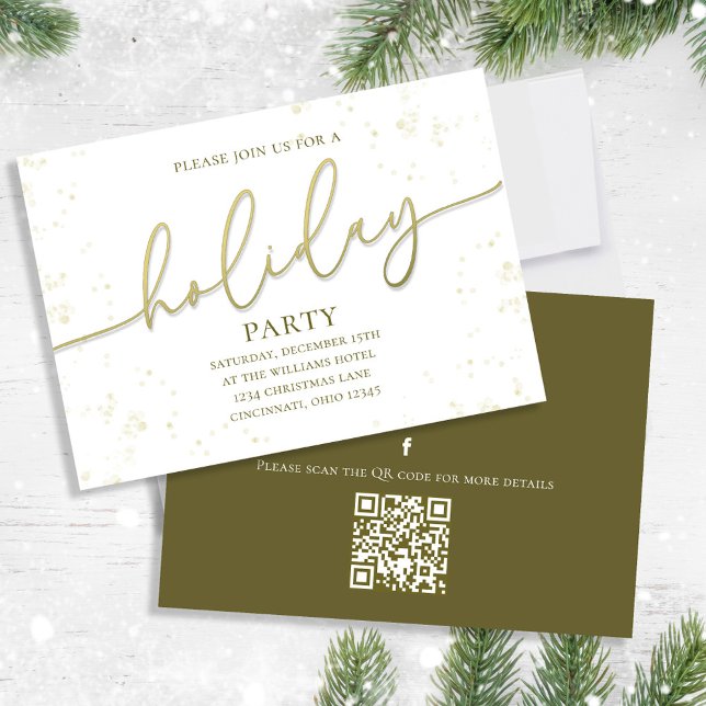 Convite Código QR Simples de Script de Caligrafia Dourada  (Holiday party gold gradient calligraphy script invitation. With a QR code. )