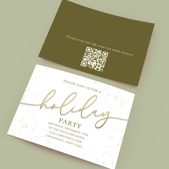 Convite Código QR Simples de Script de Caligrafia Dourada  (Holiday party gold gradient calligraphy script invitation. With a scannable QR Code.)