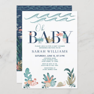 Convite Código QR sob o Chá de fraldas Sea Watercolor Oh